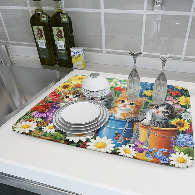 Lovely Cat Drying Mat for Kitchen Counter Colorful Flower Absorbent Coffee Bar Mat 18 X 24 - Image 6
