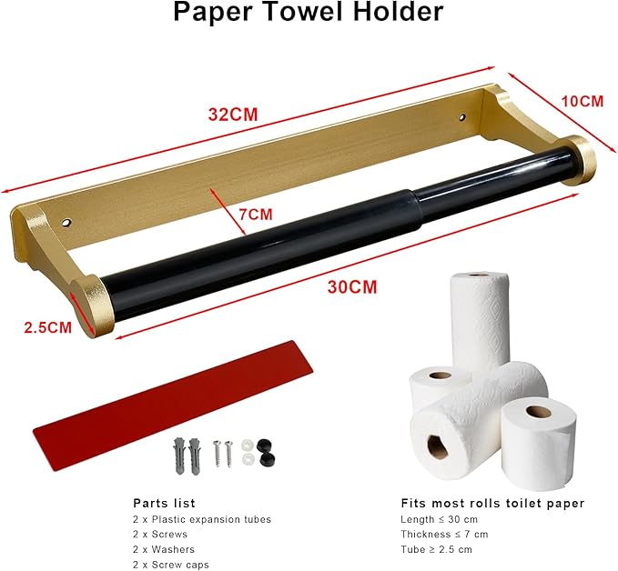 MONEER Paper Towel Holder Under Cabinet, Paper Towel Holder, Aluminum Alloy Kitchen Towel Holders, Self Adhesive Kitchen Roll Holder for Kitchen, Bathroom, Living Room (Glow Gold) - Image 2