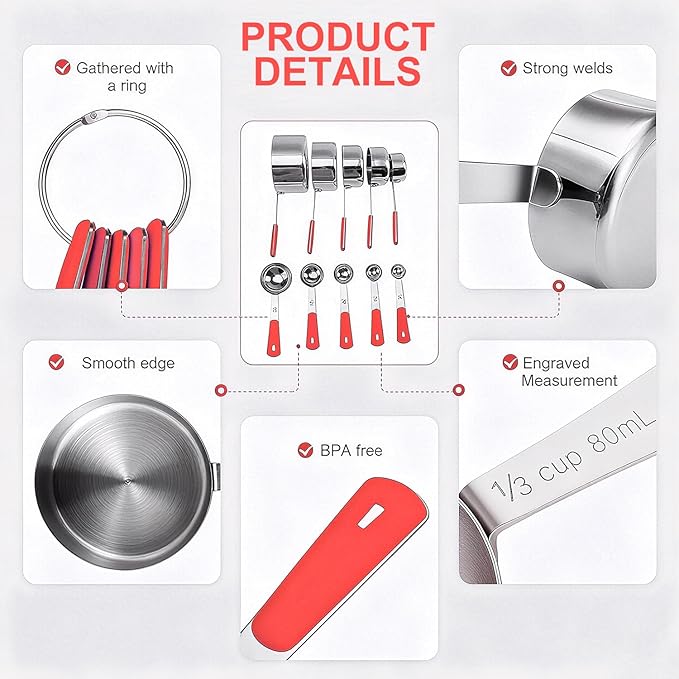 Bopei Measuring Cups and Spoons Set Stainless Steel 10 Piece for Cooking and Baking (5 Cups + 5 Spoons, Red Handle) - Image 3