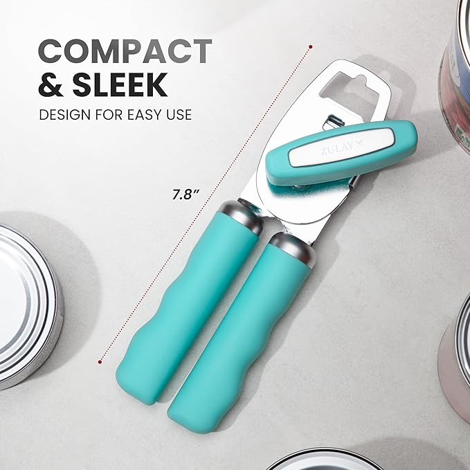 Zulay Kitchen Heavy Duty Stainless Steel Can Opener Manual with Bottle Opener - Rust Proof Manual Can Opener With Turn Knob & Comfy Soft Grip Handles - Teal - Image 2