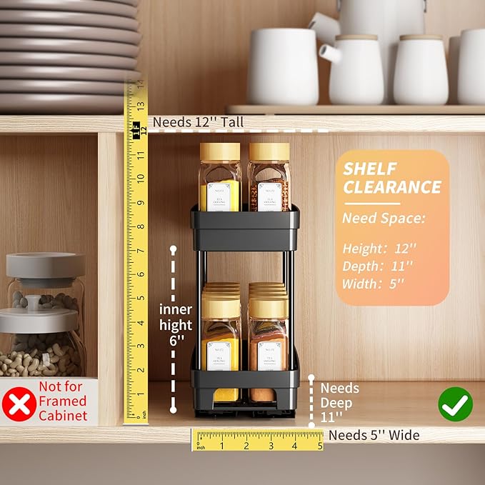 Pull Out Spice Rack Organizer for Cabinet, 3 Packs Slide Out Spice Racks Organizer, Spice Cabinet Organizers, Cabinet Size Need:12'' Highx11'' Deepx5'' Wide,Each Tier Hold 10 Spice Jar - 2 Tier, Black - Image 3