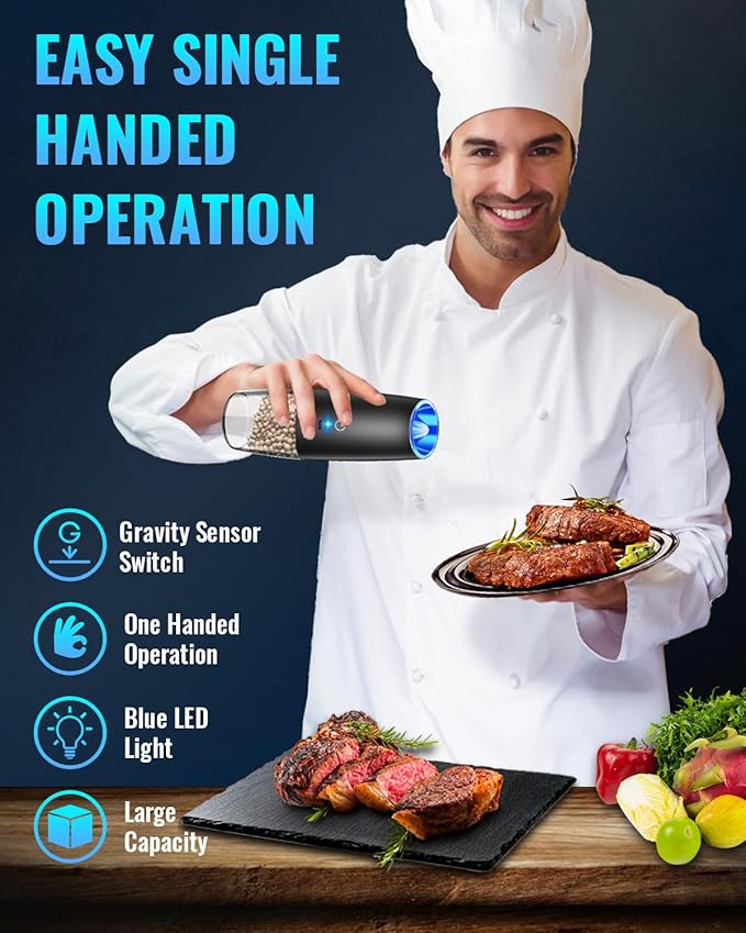 Rechargeable Pepper and Salt Grinder Set, whit Gravity Sensing Switch and LED Light, One Hand Automatic Operation -Black/2 Pack