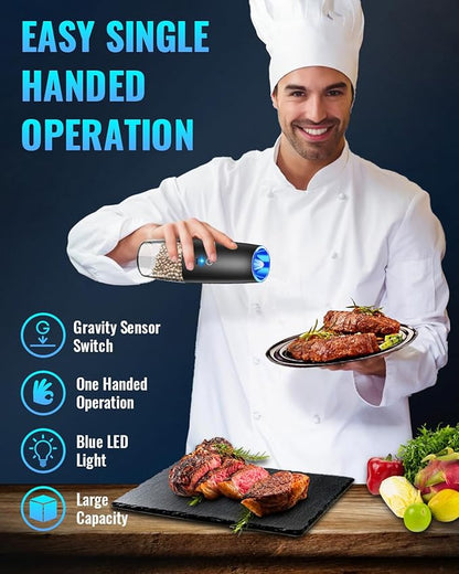 Rechargeable Pepper and Salt Grinder Set, whit Gravity Sensing Switch and LED Light, One Hand Automatic Operation -Black/2 Pack