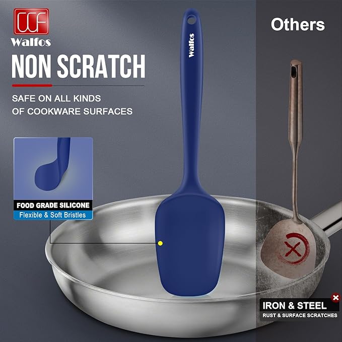 Walfos Silicone Spatula Set (5pcs) - 600℉ High Heat Resistant Kitchen Spoon Navy Blue Spatulas for Cooking Mixing & Baking, Strong Steel Core and One-Pieces Seamless Design, BPA Free Dishwasher Safe - Image 5