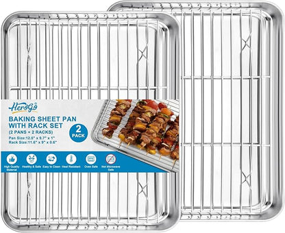 Herogo Stainless Steel Baking Sheet with Wire Rack Set(2 Pans + 2 Racks), 12.5×10×1 Inch Rectangle Cookie Sheet Bakeware Set for Oven, Heavy Duty & Dishwasher Safe- Medium
