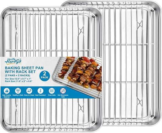 Herogo Stainless Steel Baking Sheet with Wire Rack Set(2 Pans + 2 Racks), 12.5×10×1 Inch Rectangle Cookie Sheet Bakeware Set for Oven, Heavy Duty & Dishwasher Safe- Medium