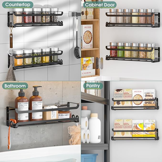 LUCYCAZ 4 Pack Wall Mounted Spice Rack with 16 Hooks, Spice Organizer Shelf for Stove Cabinet Pantry Door,Screw or Adhesive Spice Shelf Hanging Wall Spice Rack in Kitchen and RV (Black, 4 PACK) - Image 8