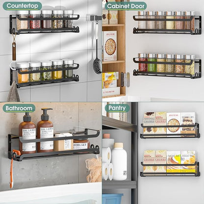 LUCYCAZ 4 Pack Wall Mounted Spice Rack with 16 Hooks, Spice Organizer Shelf for Stove Cabinet Pantry Door,Screw or Adhesive Spice Shelf Hanging Wall Spice Rack in Kitchen and RV (Black, 4 PACK) - Image 8