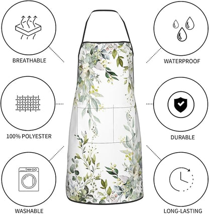 Sage Green Eucalyptus Oven Mitts Watercolor Butterfly Leaves Pot Holders Cooking Apron Set of 5 Silicone Kitchen Glove Apron Non-Slip Heat Resistant for Chef Baking Cooking Grilling BBQ