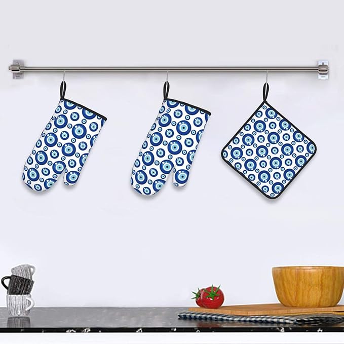 Blue Evil Eyes Oven Mitts and Pot Holders Sets of 3 Funny Hot Pads Heat Resistant Non Slip Washable for Cooking Grilling Baking BBQ Kitchen Decor - Image 6