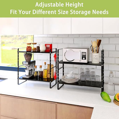 Across-Star Expandable Cabinet Shelf Organizer Rack, Stackable Kitchen Counter Storage Shelves Stand, Adjustable Height Pantry Shelf Spice Rack (Black, 2 Pack) - Image 4