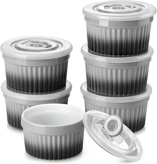 vancasso 6 oz Ramekins with Lid, Porcelain Creme Brulee Souffle Dishes,Set of 6, Grey Pudding Custard Cups Ramiken for Baking, Dishwasher and Oven Safe by vancasso