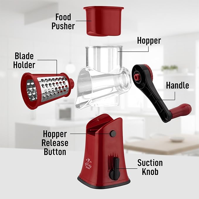 Zulay Kitchen Rotary Cheese Grater 5 Blade Cheese Shredder - Manual Hand Crank Cheese Grater With Reinforced Suction & 5 Interchangeable Drums - Easy to Use, Vegetable Chopper Round Mandoline Slicer - Image 8