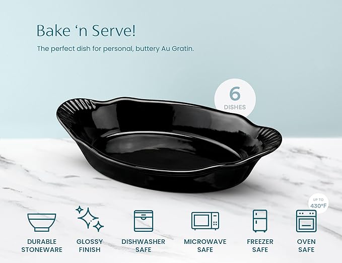 Au Gratin Baking Dishes, Ceramic, Kook, for Casseroles, Lasagna & Cobblers, Individual Serving, Set of 6, Oven, Microwave & Dishwasher Safe Bakeware, oz, Charcoal - Image 5