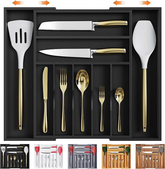 Bellsal Large Premium Bamboo Silverware Organizer - Expandable Utensil Drawer Organizer - 17"x19.6" Utensil Holder and Cutlery Tray with Grooved for Kitchen Flatware and Utensils(7-9 Slot, Black) by Bellsal