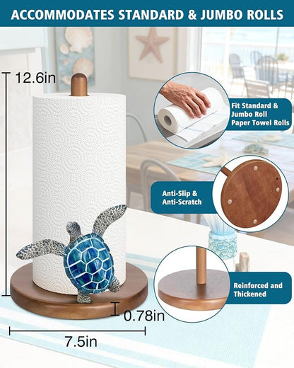 Blue Turtle Paper Towel Holder, Coastal Beach Ocean Home Decor for Kitchen Bathroom Countertop, 3D Sea Turtle Gifts for Women