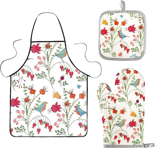3 Pcs Kitchen Stuff,Kitchen Oven Mitts and Pot Holders Sets with Cooking Kitchen Aprons for Women, Kitchen Accessories Gifts for Women