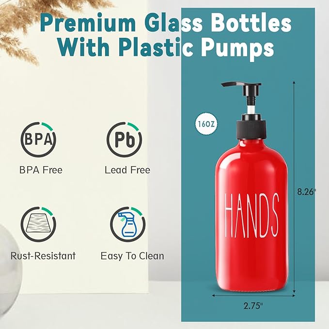 COHOSEGE Glass Soap Dispenser Set 2 Pack,16 Oz Dish Soap Dispenser for Kitchen Sink,Red Kitchen Accessories and Kitchen Decor,Red Decorations and Kitchen Utensils for Kitchen - Image 3