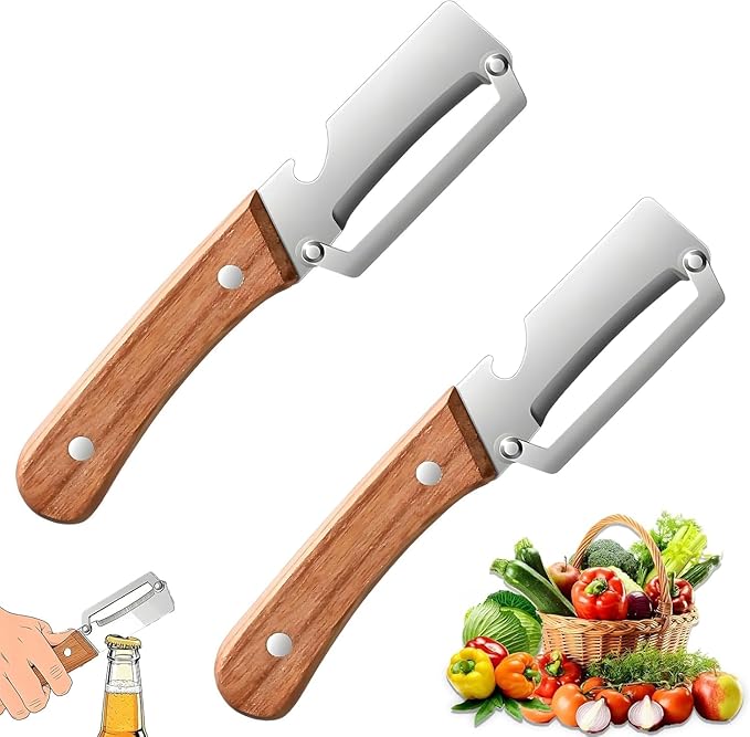 2 Pack Multifunctional Vegetable Peeler, Stainless Steel Blade with Ergonomic Wooden Handle, Non-Slip Fruit & Potato Peeler for Kitchen Use