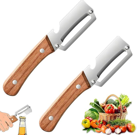 2 Pack Multifunctional Vegetable Peeler, Stainless Steel Blade with Ergonomic Wooden Handle, Non-Slip Fruit & Potato Peeler for Kitchen Use