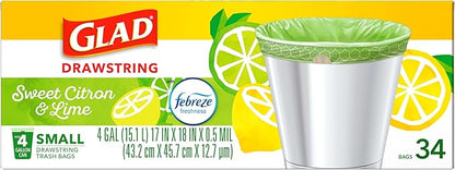 Glad Small Kitchen Drawstring Trash Bags, 4 Gallon, Febreze Sweet Citron & Lime, 34 Count