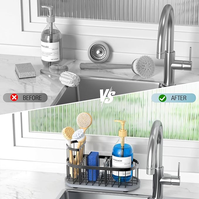 Sponge Holder for Kitchen Sink with High Brush Holder, [Stay-Dry Anywhere & No Drainage Needed] Rustproof Stainless Steel Kitchen Sink Caddy Organizer with Water Absorbing Stone Tray, Black - Image 6