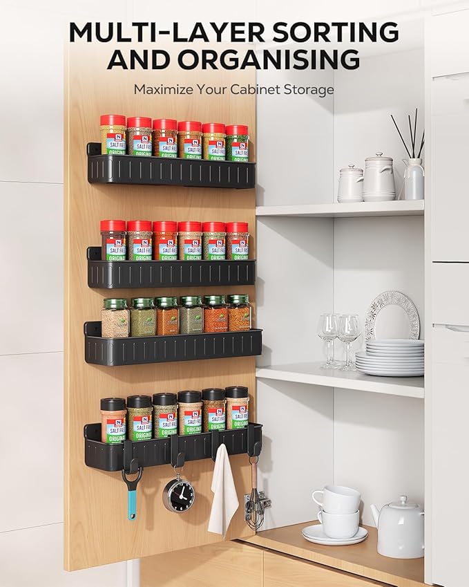 Nieifi Spice Rack Wall Mount, 4 Pack, Black, Screw or Adhesive Installation, Spice Rack Organizer for Your Kitchen Cabinet or Pantry Door - Image 2