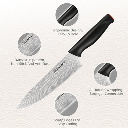 Damascus Pattern 15-Piece Kitchen Knife Set with Block, High Carbon Steel Chef Knife, Includes Sharpener and Scissors, Ergonomic Black Anti-Slip Handle and Red Trim, Perfect for Professionals - Image 3