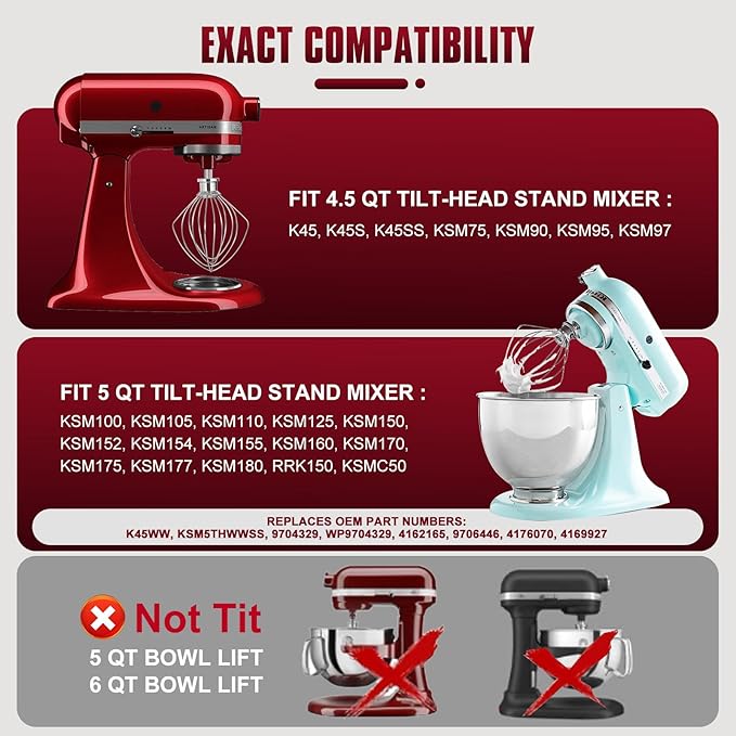 Whole Stainless Steel K45WW Whisk Attachment for KitchenAid 4.5-5 Tilt-Head Mixer, Dishwasher Safe Wire Whip for Kitchen Aid