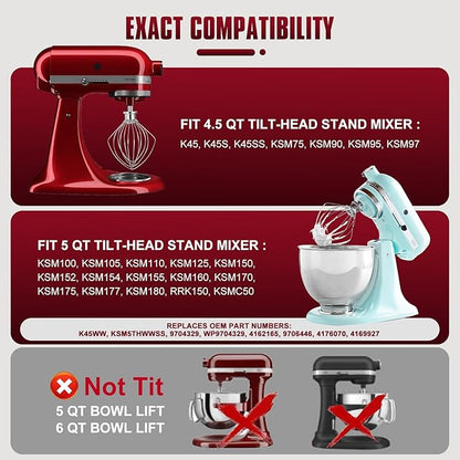 Whole Stainless Steel K45WW Whisk Attachment for KitchenAid 4.5-5 Tilt-Head Mixer, Dishwasher Safe Wire Whip for Kitchen Aid