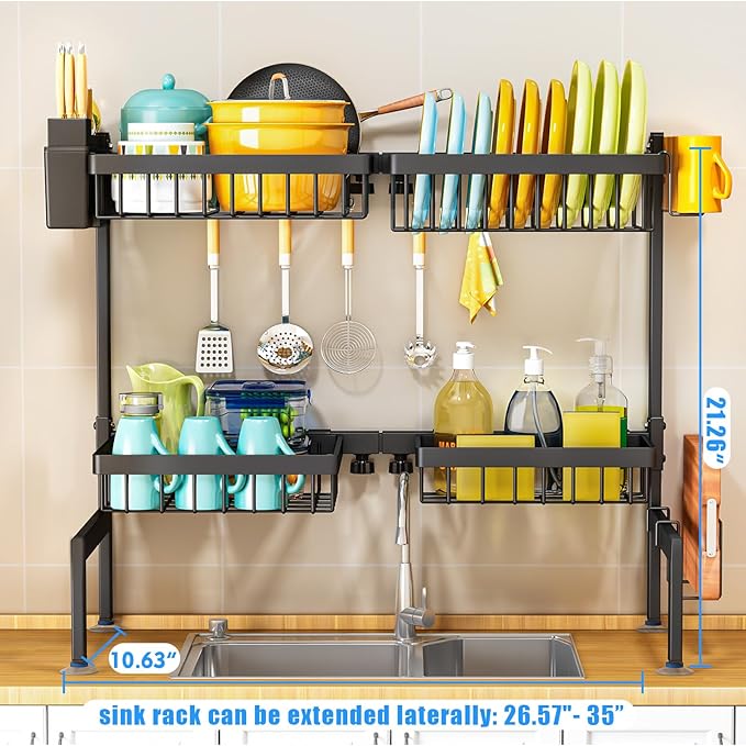 ARSTPEOE 2 Tiers 4 Baskets (one More Than Others) Over The Sink Dish Drying Rack,fits All Sinks (from 24.8" to 35.4"),2-Tier Adjustable Sink Rack,Dishes Rack Kitchen Storage Organizer Space Saving - Image 3