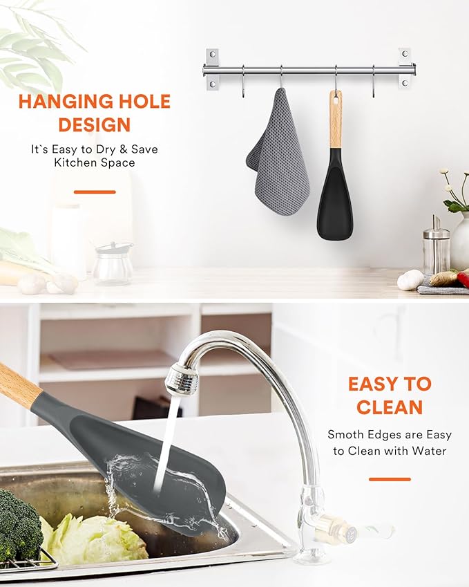 Cooking Spoon for Nonstick Cookwares, Great for Cooking and Serving Sturdy BPA-Free Matte Silicone, Wood Handle Spoon for Mixing, Scoop, and Scrape (Black & Grey, 11.4 inch) - Image 7