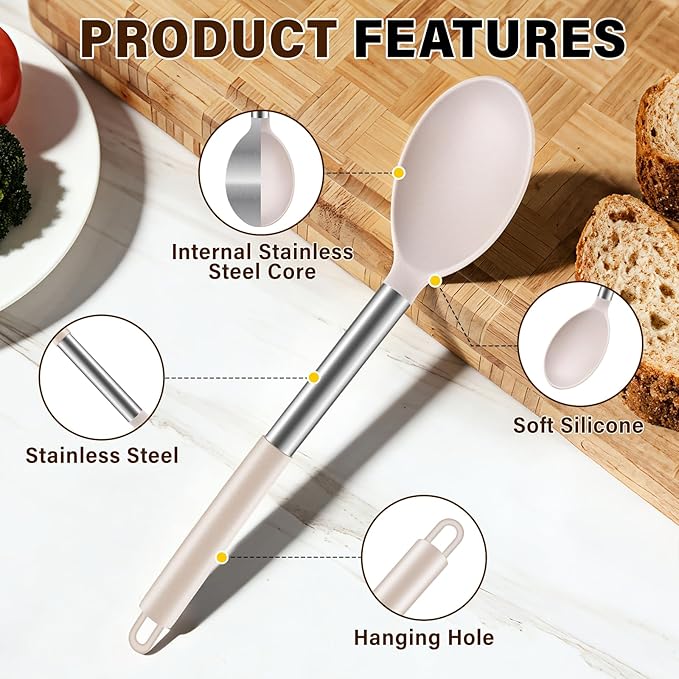 3Pcs Silicone Cooking Spoon Set, Kitchen Utensils Include Solid & Slotted Spoon, Soup Ladle, Food-Grade Heat Resistant 446°F, Non-Scratch Spoons for Serving, Stirring, Draining, Dishwasher Safe, Khaki - Image 3