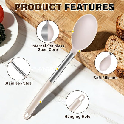 3Pcs Silicone Cooking Spoon Set, Kitchen Utensils Include Solid & Slotted Spoon, Soup Ladle, Food-Grade Heat Resistant 446°F, Non-Scratch Spoons for Serving, Stirring, Draining, Dishwasher Safe, Khaki - Image 3