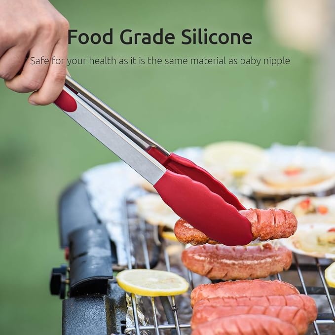 U-Taste Kitchen Tongs, 7/9/12 inches Cooking Tongs, with 600ºF High Heat-Resistant Non-Stick Silicone Tips, 18/8 Stainless Steel Handle, for Food Grill, Salad, BBQ, Frying, Serving, Pack of 3(Red) - Image 4