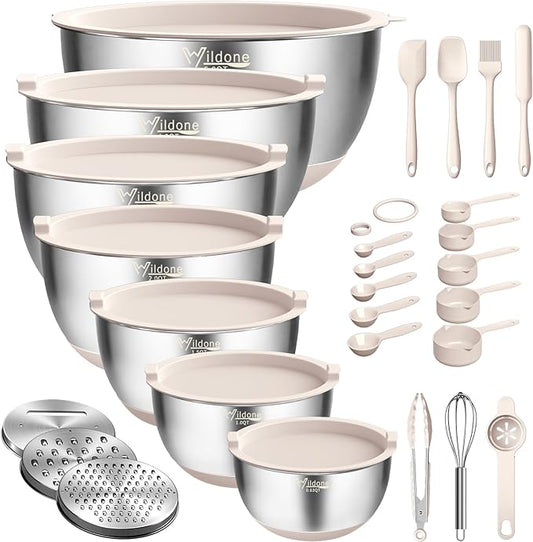 Wildone Mixing Bowls with Airtight Lids, 27 PCS Stainless Steel Nesting Bowls, with 3 Grater Attachments, Scale Mark & Non-Slip Bottom, Size 5, 4, 3, 2, 1.5, 1, 0.63QT, Ideal for Mixing & Prepping by Wildone