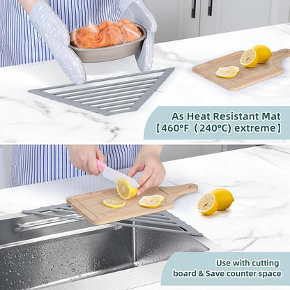 Ohuhu Triangle Roll Up Dish Drying Rack, Anti-Slip Organizer for Kitchen Sink Drying Rack with Full Silicone Wrapped for Top of Sink Coner Grey - Image 6