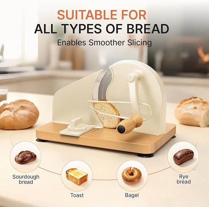 Manual Bread Slicer for Homemade Sourdough-Adjustable Thickness Bread Slicer with Hand Crank Metal Guide,Scale Line,Suction Cup,Solid Wood Base,Stainless Steel Blade for Perfect Even Slices