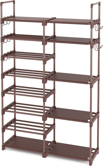 ROJASOP Shoe Rack Organizer, 8-Tier Metal Shoe Rack for Closet Entryway Garage, 26-32 Pairs Tall Shoe Boot Storage Shelf with 15 Hooks, Stackable Large Shoe Stand, Brown by ROJASOP