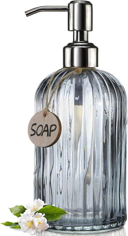 JASAI 18 Oz Vertical Stripes Kitchen Soap Dispenser with 304 Rust Proof Stainless Steel Pump, Refillable Liquid Soap Dispenser for Bathroom, Kitchen, Hand Soap, Dish Soap (Clear Grey) by JASAIHOME