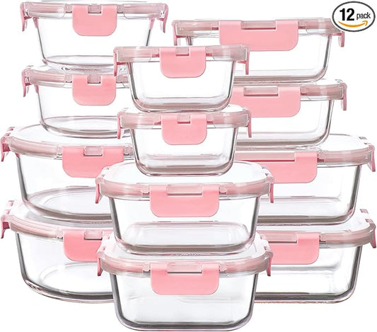 FAWLES 12 Pack Glass Storage Containers with Lids, Leak-Proof Meal Prep Containers, Dishwasher/Microwave/Oven/Freezer Safe Glass Food Storage Containers for Leftovers, to Go