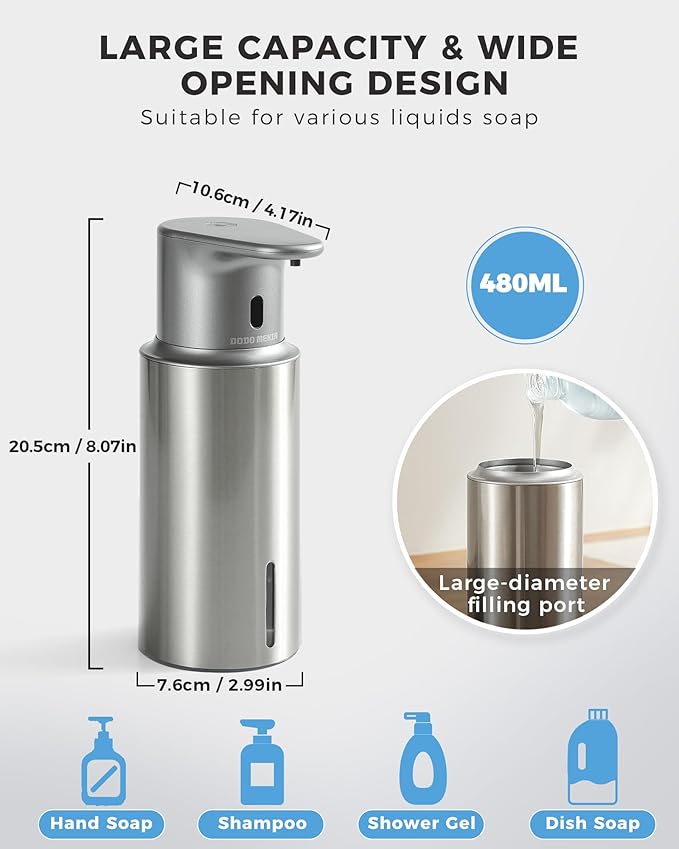 Automatic Liquid Soap Dispenser Touchless, 304 Stainless Steel Bottle Body &16.2oz/480ml Rechargeable, 3 Adjustable Liquid Levels, IPX7 Waterproof, for Kitchen Bathroom, Stainless Steel - Image 2