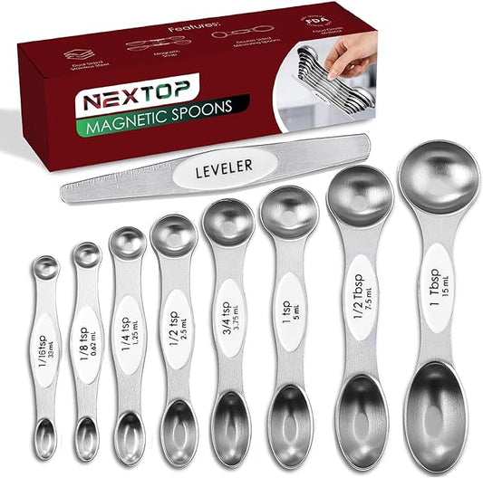 Magnetic Measuring Spoons Set of 9 Stainless Steel Dual-Sided Stackable Measuring Spoon Nesting Teaspoons Measuring Dry and Liquid Ingredients, Fits in Spice Jars Set of 9 (White) by Nextop