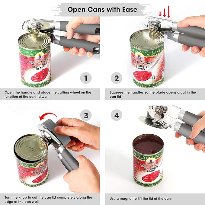 Beneno Heavy Duty Hand Can Opener Manual with Magnet, Durable Sharp Carbon Steel Blade Smooth Cutting, Big Effort-Saving Knob & Soft Grip Handle, Multifunctional Kitchen Tool with Bottle Opener, Gray - Image 4