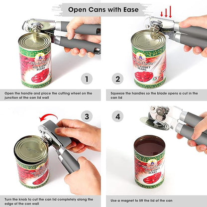 Beneno Heavy Duty Hand Can Opener Manual with Magnet, Durable Sharp Carbon Steel Blade Smooth Cutting, Big Effort-Saving Knob & Soft Grip Handle, Multifunctional Kitchen Tool with Bottle Opener, Gray - Image 4