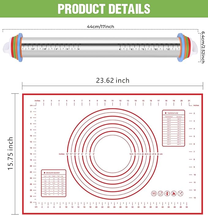 Rolling Pin with Adjustable Thickness Rings and Silicone Baking Pastry Mat Set for Baking,Stainless Steel Dough Roller,Baking Supplies for Cookie Fondant Pizza Cake Pasta(Red) - Image 2