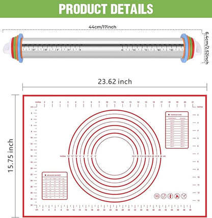 Rolling Pin with Adjustable Thickness Rings and Silicone Baking Pastry Mat Set for Baking,Stainless Steel Dough Roller,Baking Supplies for Cookie Fondant Pizza Cake Pasta(Red) - Image 2