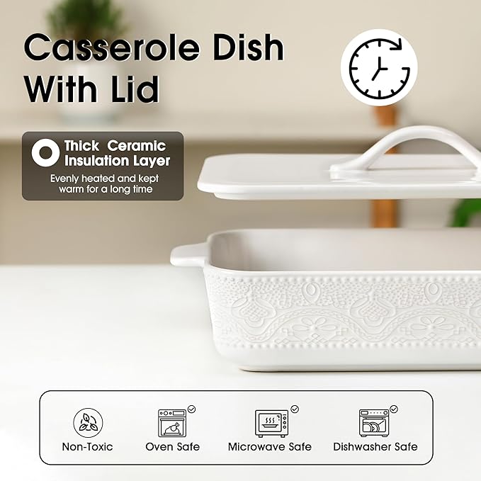 Casserole Dish with Lid, Ceramic 9x13 Casserole Dish for Oven, Rectangular Bakeware, Large Baking Dish with Handles for Holiday Cooking, Roasting, Baking, Oven & Microwave Safe (White) - Image 6