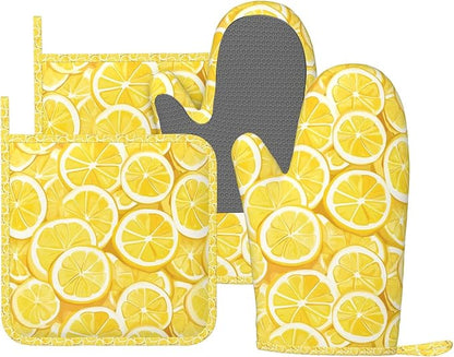 Oven Mitts and Pot Holders Lemon Watercolor Yellow Silicone Kitchen Accessories Set of 4 Heat Resistant Long Gloves Potholder Non-Slip Grip for Chef Cooking Baking Grilling BBQ