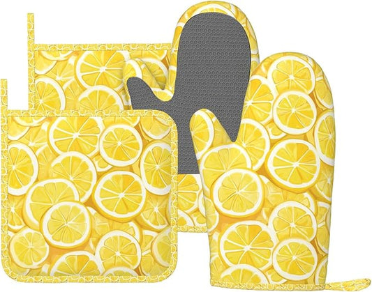 Oven Mitts and Pot Holders Lemon Watercolor Yellow Silicone Kitchen Accessories Set of 4 Heat Resistant Long Gloves Potholder Non-Slip Grip for Chef Cooking Baking Grilling BBQ